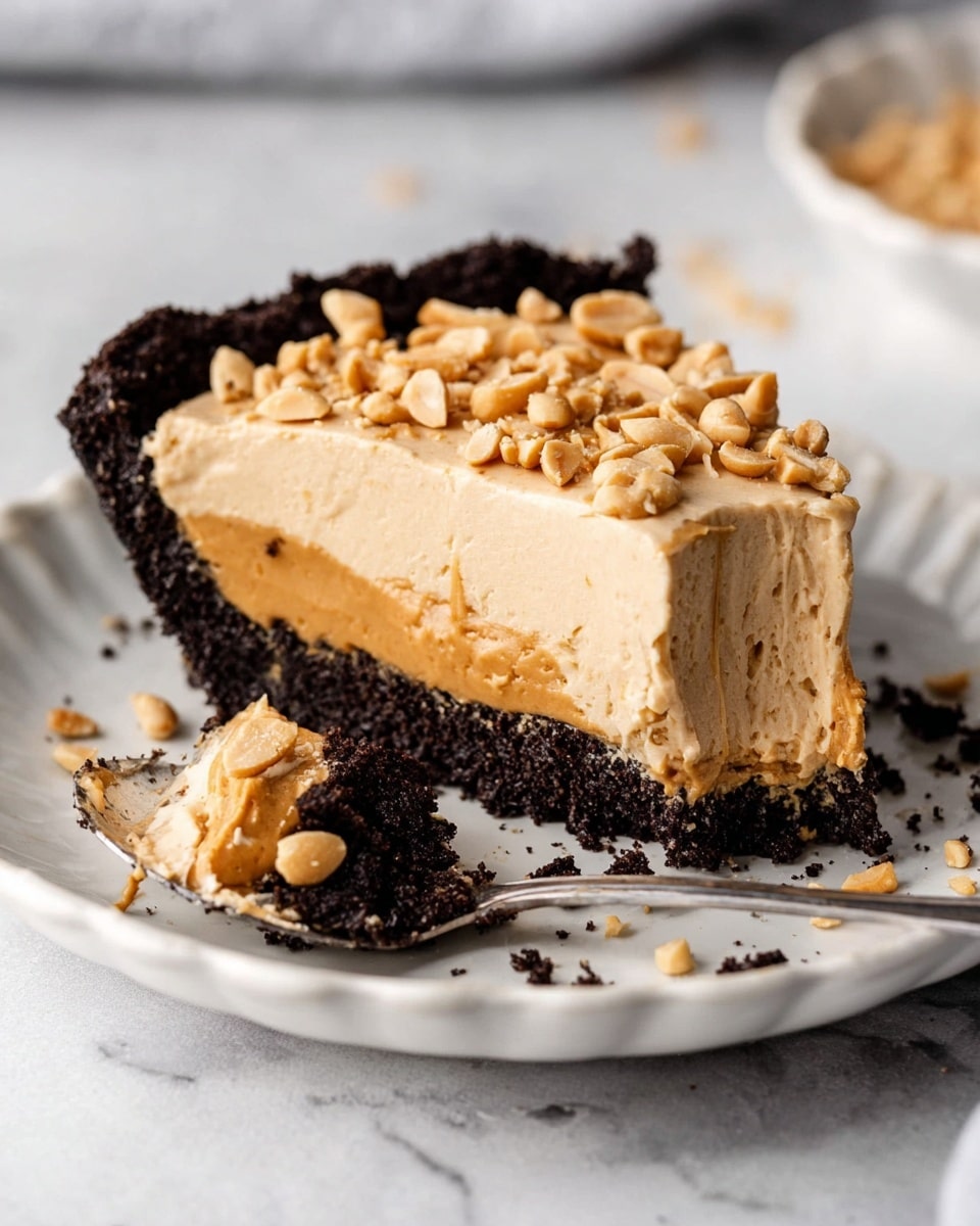 A slice of pie sits on a white plate with a scalloped edge on a white marbled texture. The pie has three layers: a thick bottom crust made of dark, crumbly chocolate cookie crumbs, a creamy middle layer of light brown peanut butter filling with a smooth texture, and a topping of roughly chopped peanuts scattered on top. A small bite has been taken from the slice, showing the soft filling inside. Next to the pie, a spoon holds a bite of pie with some crust crumbs. Photo taken with an iphone --ar 4:5 --v 7