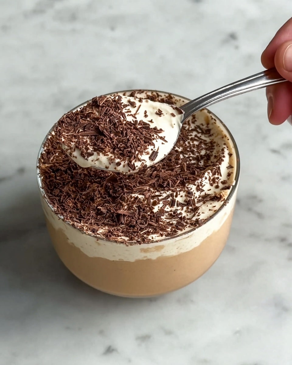 A round glass cup filled with two main layers where the bottom layer is a smooth, light brown creamy coffee mixture, and the top layer is a thick, white creamy layer sprinkled heavily with dark brown grated chocolate shavings. A spoon scoops up some of the white creamy layer with chocolate shavings on top, held by a woman's hand on the right side of the image. The cup is placed on a white marbled surface. photo taken with an iphone --ar 4:5 --v 7