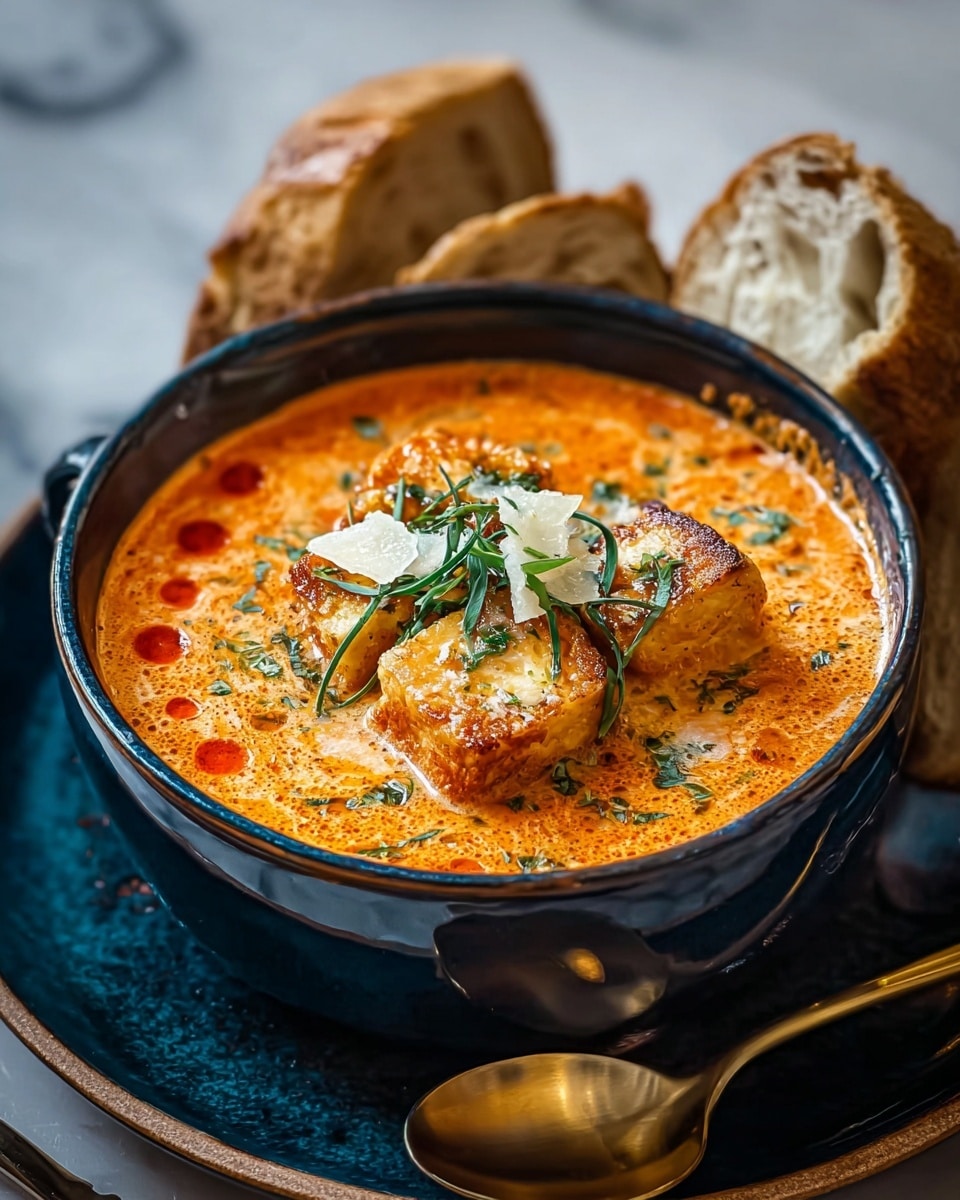 A dark blue bowl filled with creamy orange soup has three pieces of golden-brown grilled tofu sitting in the middle, topped with thin green herb strips and a few shreds of white cheese. The soup has a slightly frothy texture and small red oil droplets on the surface. The bowl is placed on a matching dark blue plate, with two pieces of crusty bread beside it. A golden spoon is on the plate next to the bowl, all set on a white marbled texture surface. photo taken with an iphone --ar 4:5 --v 7