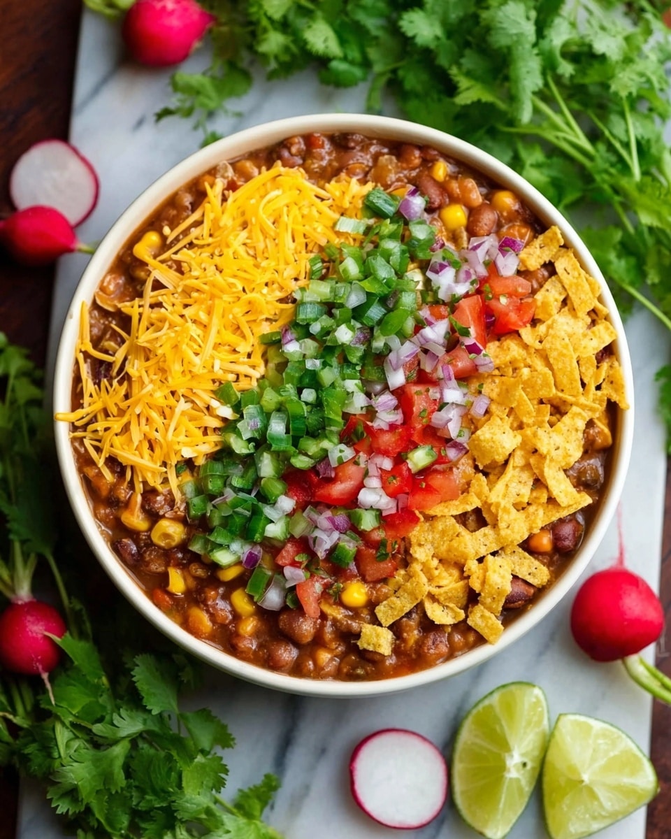A top-down view of a round white bowl filled with a colorful layered dish. The bottom layer is a thick mix of brown beans and corn with a saucy texture. On top of this are three side-by-side stripes of different toppings: shredded yellow cheddar cheese on the left, a mix of finely chopped bright green jalapeños and red tomatoes with white onions in the middle, and crumbled yellow tortilla chips on the right. The bowl is placed on a white marbled surface with lime slices and red radishes around it, alongside fresh green cilantro leaves in the background. photo taken with an iphone --ar 4:5 --v 7