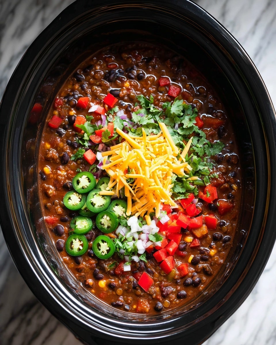 The image shows a black slow cooker filled with thick chili made from black beans, corn, lentils, diced red and green bell peppers, and a rich brown sauce, visible through the glossy surface. On top, there are two small piles of bright yellow shredded cheddar cheese, surrounded by chopped fresh tomatoes, white onions, green cilantro, and slices of green and red jalapeño peppers, all adding vibrant colors and fresh textures to the warm dish. The cooker sits on a white marbled surface, making the colors of the chili stand out clearly. Photo taken with an iphone --ar 4:5 --v 7