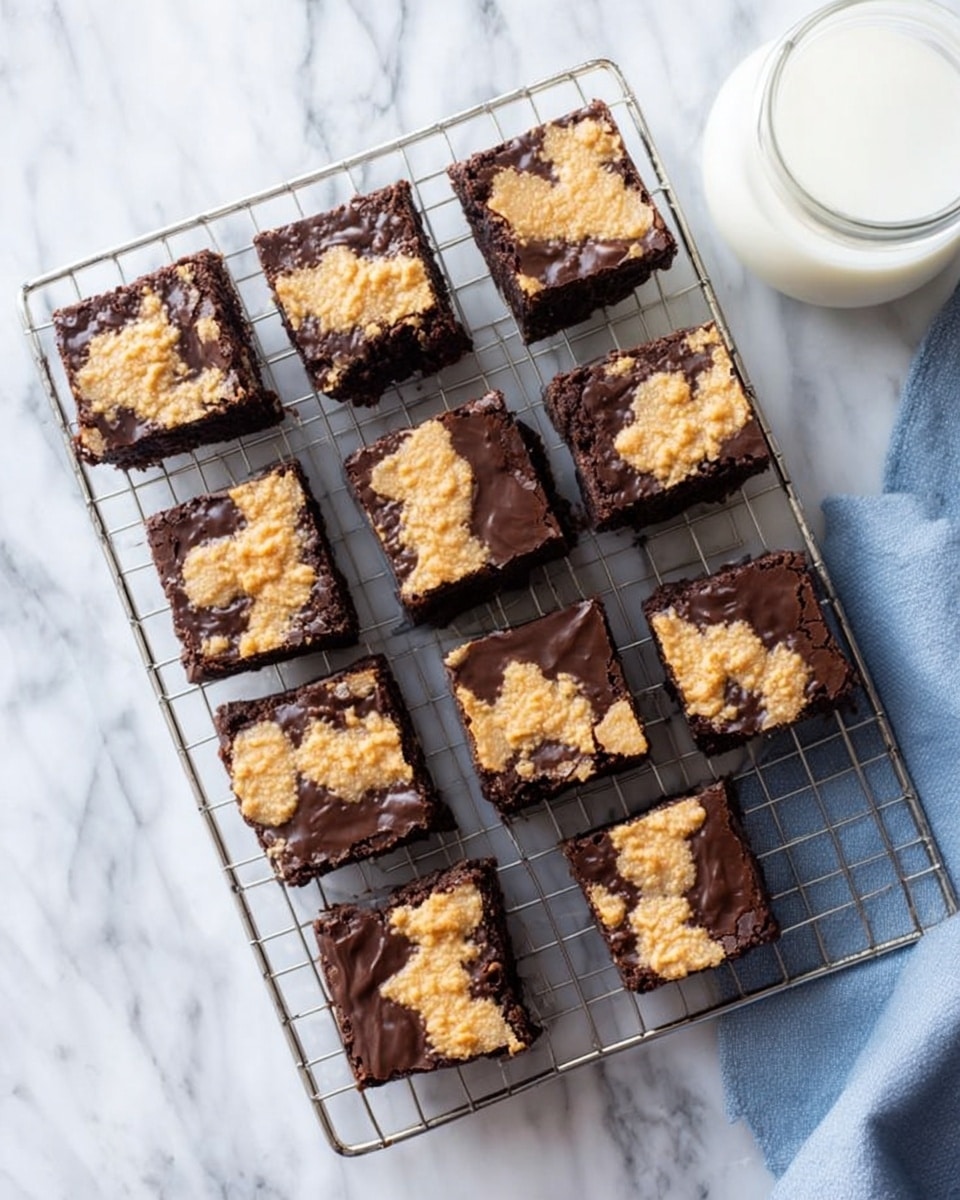 There are ten square brownie pieces placed on a silver cooling rack over a white marbled surface. Each brownie has a dark brown, smooth chocolate layer covering most of the top, with lighter beige, crumbly cookie dough patches scattered unevenly on the surface. The brownies have a dense and slightly cracked texture on the edges. In the top right corner, there is a clear glass filled with milk and a soft blue cloth partially under it. The photo taken with an iphone --ar 4:5 --v 7