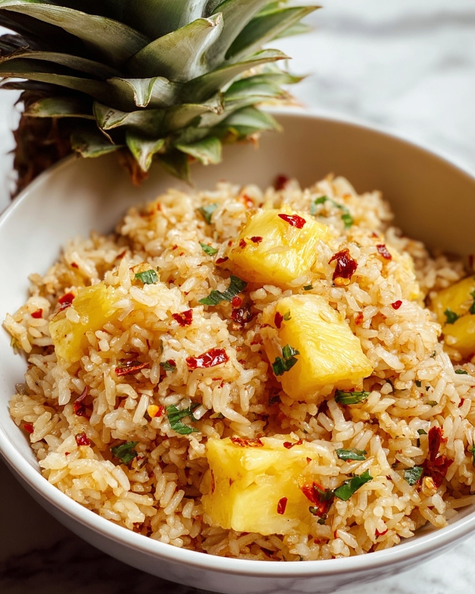 A close-up view of a white bowl filled with fried rice mixed with golden yellow pineapple chunks, small green herb pieces, and red chili flakes scattered throughout. The rice grains are light brown with a slightly oily texture, giving a glossy look. The pineapple pieces are bright and juicy, sitting evenly among the rice, creating a colorful contrast. At the back of the bowl, the green spiky top of a pineapple is visible, adding a fresh and natural touch. The bowl is placed on a white marbled surface. photo taken with an iphone --ar 4:5 --v 7