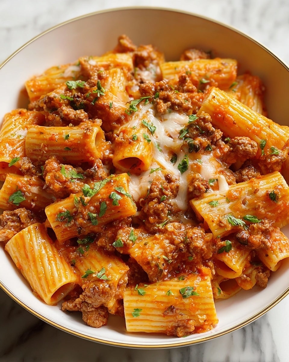 The image shows a bowl full of rigatoni pasta coated in a rich, orange-red tomato sauce mixed with browned ground meat. The pasta tubes have a slightly glossy texture and are evenly covered with the sauce and small chunks of meat. Scattered over the top are small green herb pieces, possibly parsley, adding a fresh contrast. The dish also has melted cheese draped lightly over the pasta and meat, giving a creamy, slightly stringy look. The bowl is white with a thin gold rim, sitting on a white marbled surface. photo taken with an iphone --ar 4:5 --v 7