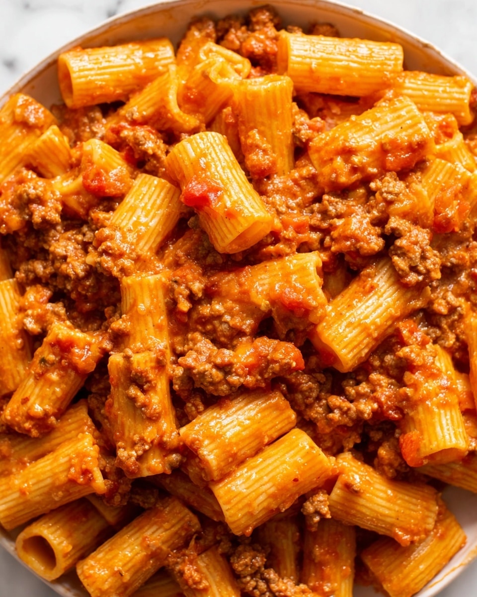 The image shows a close-up of a pasta dish with rigatoni noodles mixed evenly with ground meat sauce. The sauce has a rich, thick, reddish-brown color with visible small chunks of meat and bits of tomato. The pasta is coated fully with the sauce, giving a shiny and slightly oily texture. The rigatoni pieces are short, ridged, and arranged randomly but tightly packed, filling the entire frame. The background is a white marbled surface. photo taken with an iphone --ar 4:5 --v 7