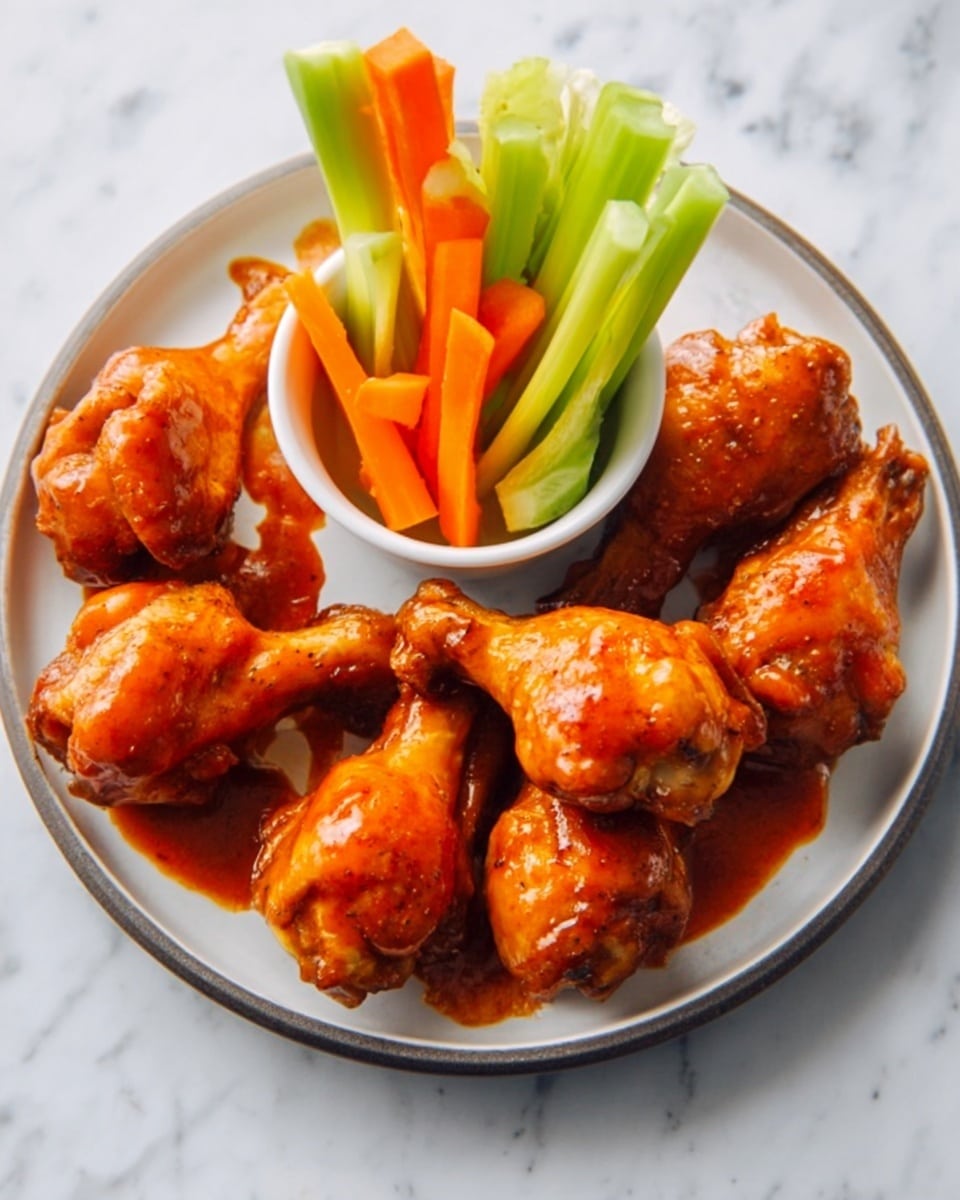 The image shows a white round plate with six chicken wings covered in a shiny, reddish-orange sauce arranged around the edge. In the center, there is a small white bowl filled with fresh vegetable sticks: bright orange carrot sticks and light green celery sticks standing upright. The chicken wings look juicy and slightly sticky, while the vegetable sticks are crisp and smooth. The plate is placed on a white marbled surface. Photo taken with an iphone --ar 4:5 --v 7