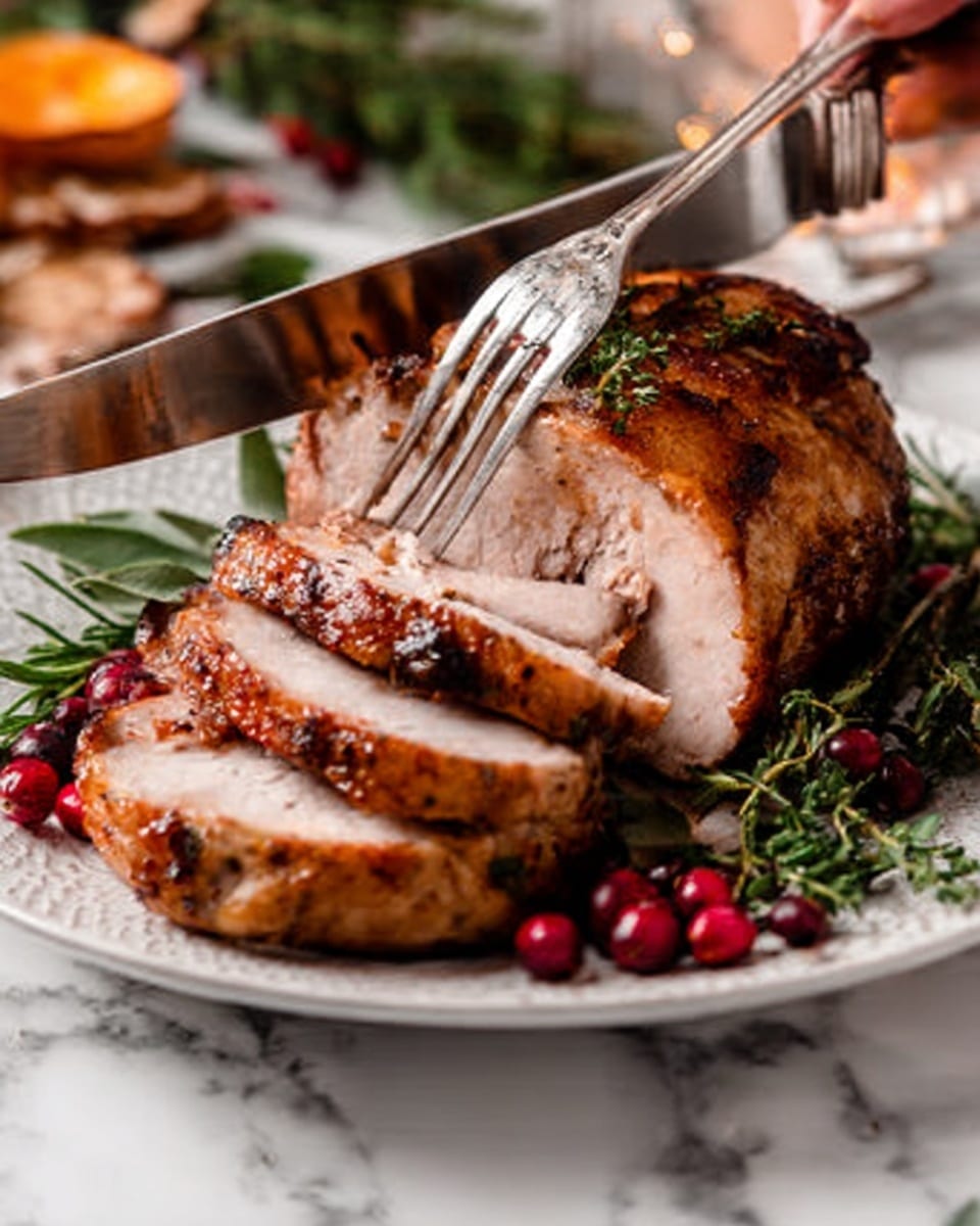 A close-up of three thick slices of roasted meat arranged side by side, showing juicy, tender light pinkish-white inside and a glossy, dark golden-brown crust on the outside, speckled with coarse black pepper and small green herb leaves like rosemary and thyme. The meat slices rest on a white marbled surface, with hints of more herbs and blurred red berries in the background, giving a fresh and savory feel. Photo taken with an iphone --ar 4:5 --v 7