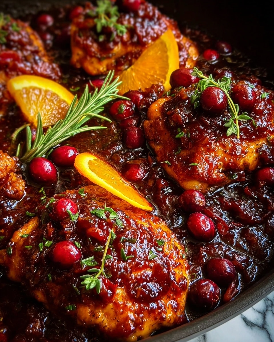 In a close-up view, there are five golden-brown chicken pieces arranged in a black pan, each piece coated with a thick, glossy dark red sauce. The sauce has a chunky texture with visible small bits of ingredients. On top of the chicken pieces, there are bright red whole cranberries and small green herb leaves scattered, adding contrast. Thin orange slices are placed between the pieces, and fresh green sprigs of herbs lie across the chicken, giving a fresh touch to the rich dish. The background shows a white marbled texture. Photo taken with an iphone --ar 4:5 --v 7