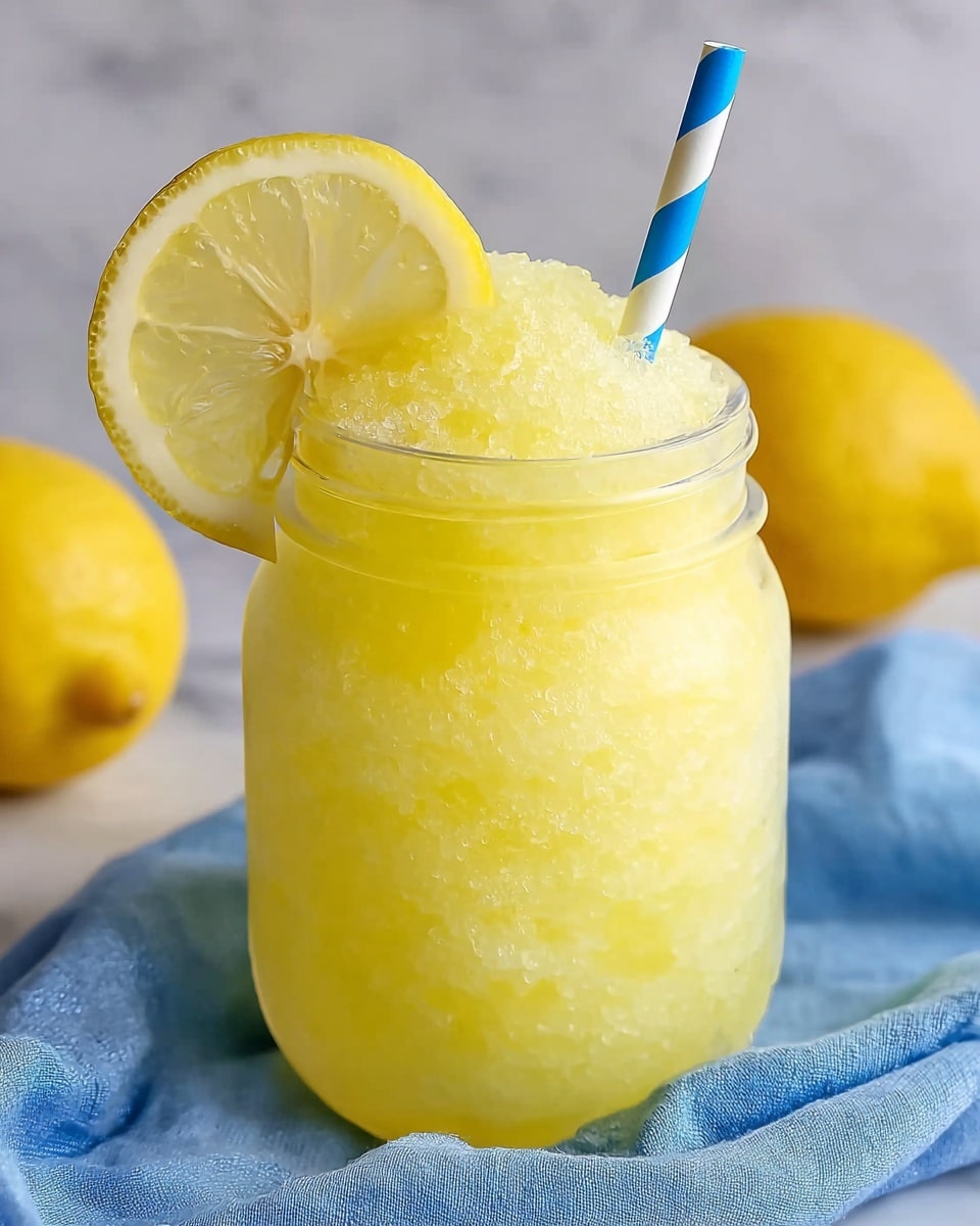 A clear glass jar filled with a bright yellow frozen lemon drink, showing a slushy texture with tiny ice crystals on top. The jar is garnished with a fresh lemon slice on the rim, adding a bright yellow accent with a slightly thick rind and juicy interior. A blue and white striped straw is inserted into the drink, contrasting with the yellow slush. In the background, there are two whole lemons resting on a white marbled surface and a soft blue cloth beneath the jar, adding texture and depth to the setting. photo taken with an iphone --ar 4:5 --v 7