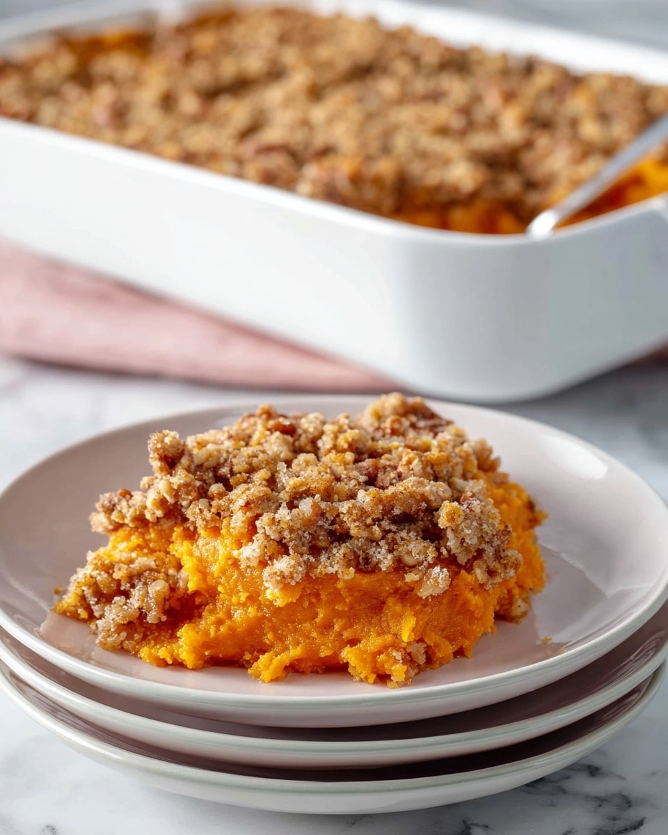 A white rectangular baking dish holds a two-layer sweet potato casserole. The bottom layer is smooth and bright orange with a soft texture, while the top layer is a crumbly, golden-brown streusel with visible small bits of nuts scattered throughout. A spoon lifts a portion of the casserole, showing a thick mix of the orange base and crumb topping together. The dish sits on a white marbled surface with a hint of a blue cloth in the corner. photo taken with an iphone --ar 4:5 --v 7