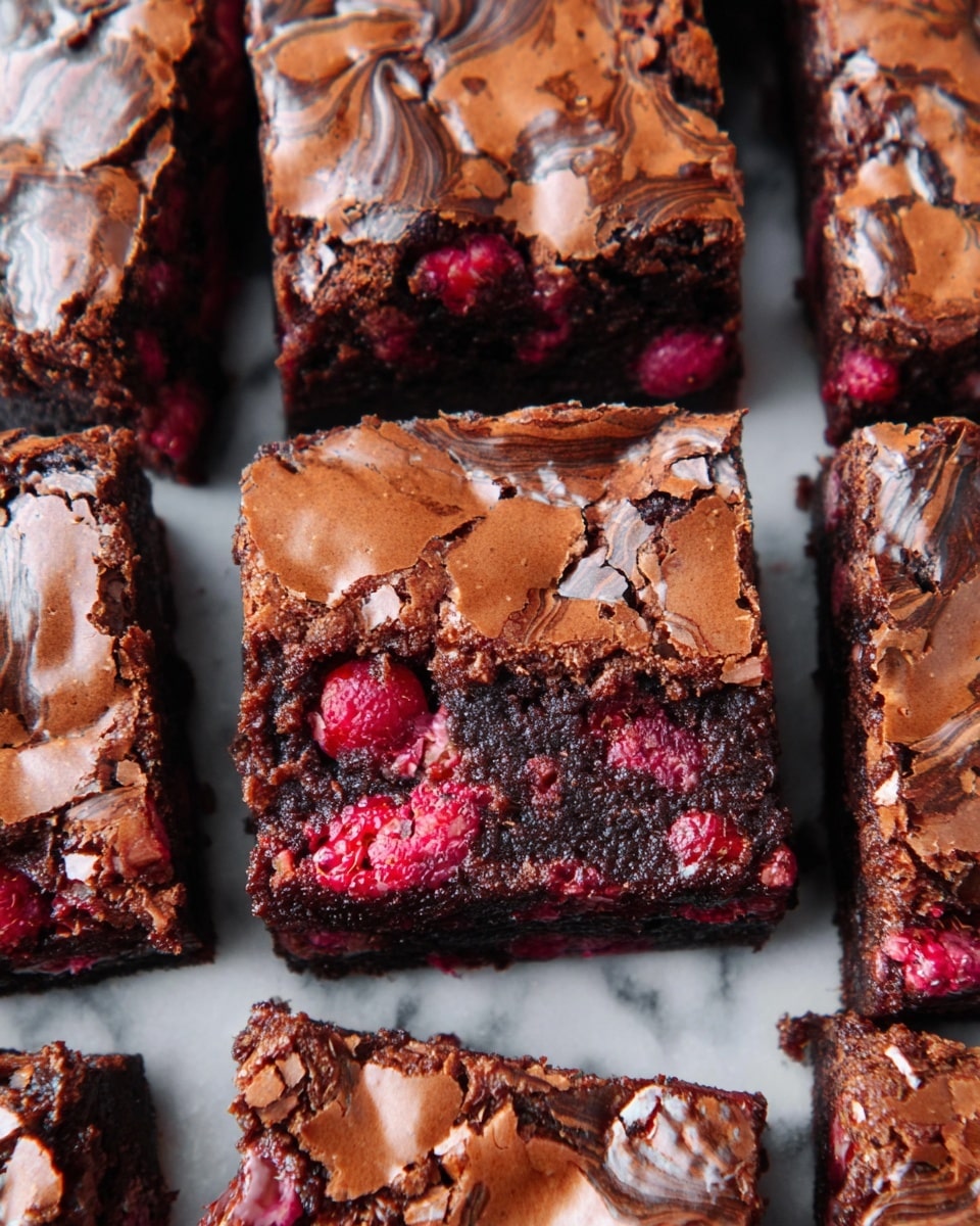 The image shows a close-up of nine square pieces of chocolate raspberry brownies arranged closely on a white marbled surface. Each brownie has two main layers: a cracked, shiny brown top layer with swirls of darker chocolate and bits of red raspberry seeds visible throughout, and a dense, rich dark brown bottom layer. The raspberries are embedded in the brownies, adding bright red spots and texture. The edges of the brownies are slightly crumbly, with some cracks and folds on the shiny top crust. photo taken with an iphone --ar 4:5 --v 7