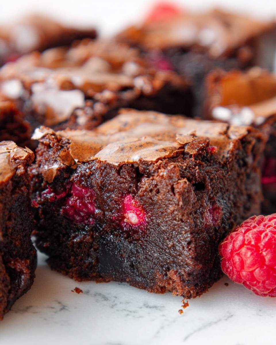 A close-up view of a thick, rich chocolate brownie with a lightly cracked shiny top layer in a light brown color, revealing a moist, dense dark brown interior filled with bright red raspberry pieces throughout, giving pops of color inside the brownie. The brownie is cut into square pieces arranged closely on a white marbled surface, with a fresh red raspberry placed in front. The texture looks fudgy and soft with a slightly crunchy top. Photo taken with an iphone --ar 4:5 --v 7