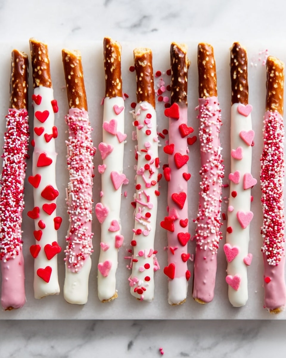 A row of eleven pretzel sticks is neatly lined up on a white marbled surface. Each pretzel stick is dipped in white or pink chocolate and decorated with red heart-shaped and pink sprinkle toppings. The sticks are evenly spaced, showing smooth, glossy chocolate coatings that transition to the crunchy brown pretzel base. Small red and pink hearts and sprinkles create a festive and colorful look on the chocolate part of the pretzels. Photo taken with an iphone --ar 4:5 --v 7