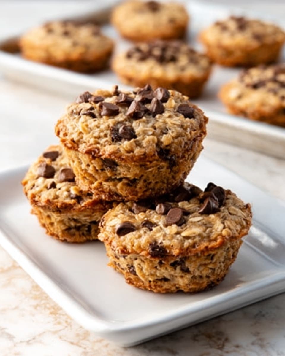Four oatmeal chocolate chip cookies, each featuring a rough, crumbly texture with visible oats and dark chocolate chips scattered on top, are stacked in a pyramid shape on a simple white rectangular plate. In the background, there is a white marbled surface with more cookies resting on a white baking sheet. The cookies have a light golden-brown color with dark brown chips and a slightly shiny, chewy look. photo taken with an iphone --ar 4:5 --v 7