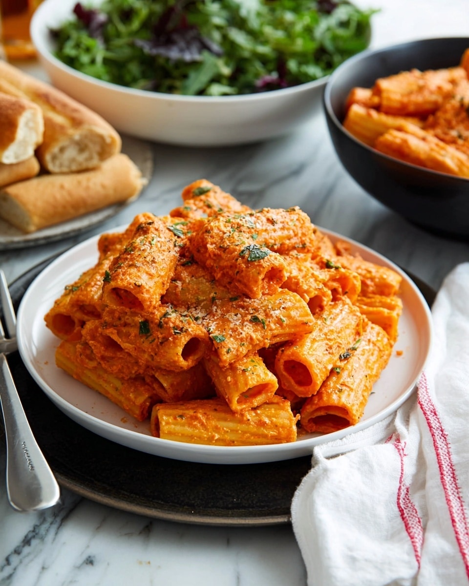 A white plate is filled with two layers of rigatoni pasta coated heavily in a creamy, bright orange tomato sauce with visible bits of herbs sprinkled on top. The rigatoni tubes are ribbed and stacked loosely with some overlapping on each other in both layers. The plate sits on a dark round tray placed on a white marbled surface. In the background, there is a white bowl filled with green leafy salad, several light brown breadsticks stacked behind, and a black bowl with more of the same orange sauced rigatoni. There is also a silver fork resting on the left edge of the white plate and a white cloth with red stitching near the bottom right. photo taken with an iphone --ar 4:5 --v 7