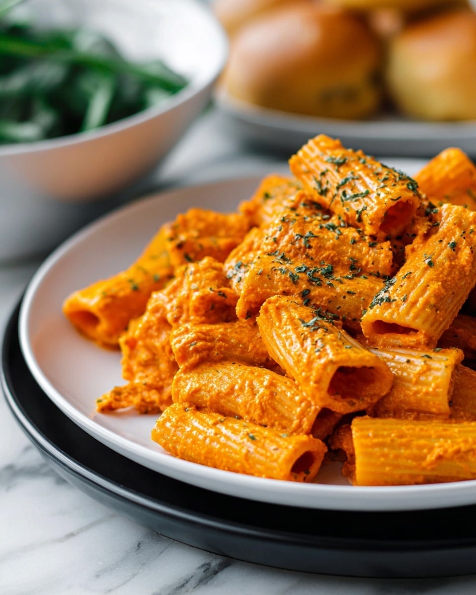 A close-up view of a white plate filled with rigatoni pasta covered in rich orange creamy sauce with small herbs sprinkled on top. The pasta pieces are tube-shaped with ridges and are layered randomly, coated thickly with sauce that has a slightly grainy texture. The plate sits on a black tray over a white marbled surface. In the background, a white bowl with green spinach leaves and some bread rolls are softly blurred. Photo taken with an iphone --ar 4:5 --v 7