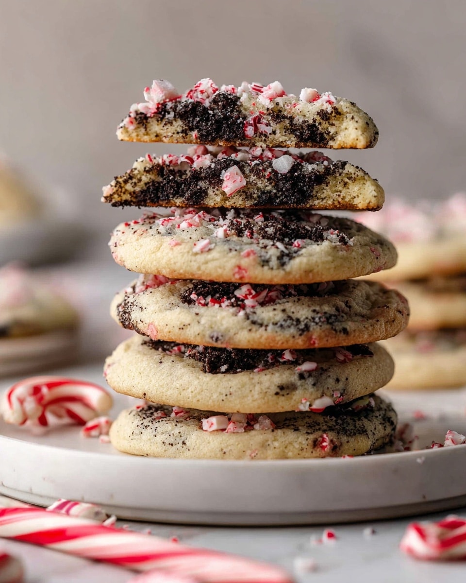 A stack of six thick cookies sits on a white plate, placed on a white marbled surface. Each cookie is light beige with dark cookie crumbs mixed throughout, and scattered with small red and white crushed candy pieces. The top cookie is broken in half, showing a soft texture inside with a dark, crumbly middle layer and bits of candy on top. Cookie crumbs and candy pieces are scattered around the base of the stack, with a red and white candy cane lying nearby. The background is soft and blurred, keeping the focus on the cookies. Photo taken with an iphone --ar 4:5 --v 7