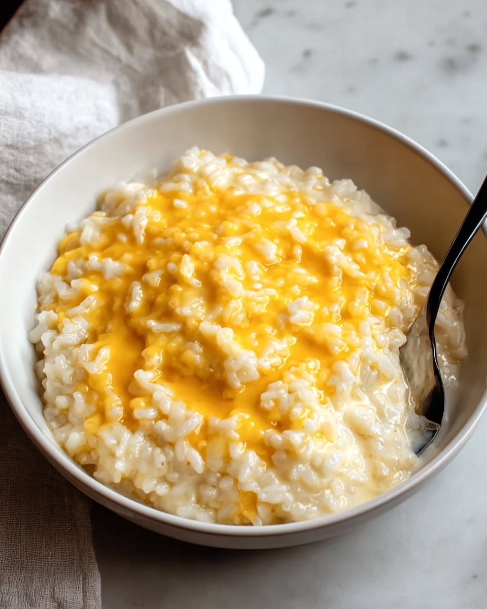 A white bowl filled with creamy rice pudding topped with a layer of melted golden-yellow cheese spread unevenly over the rice grains. The rice is soft, slightly sticky, and white, with the cheese creating a smooth, glossy texture on top. A black fork rests inside the bowl on the right side, and the bowl sits on a white marbled surface with a white cloth partially visible on the left. photo taken with an iphone --ar 4:5 --v 7