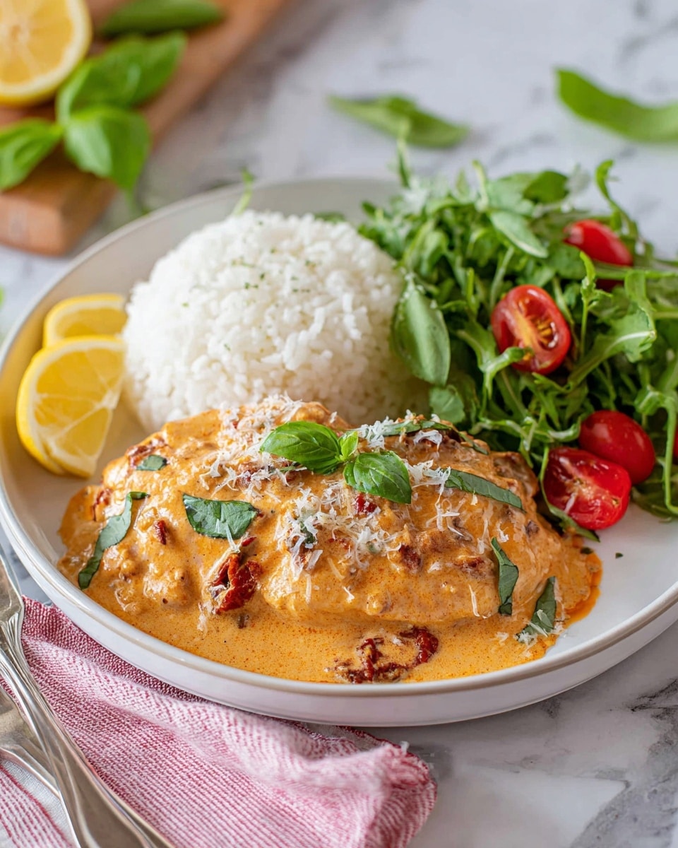 A white plate holds a serving of creamy orange sauce-covered chicken with visible small pieces of sun-dried tomatoes and herbs, topped with green basil leaves and sprinkled with grated white cheese. Behind the chicken is a neat mound of fluffy white rice. On the side, there is a fresh green salad with arugula and halved red cherry tomatoes, and a wedge of lemon rests on the edge of the plate. The plate sits on a white marbled surface with a silver fork and knife beside a pink and white striped cloth napkin nearby, and blurred lemon slices and basil leaves are in the background. Photo taken with an iphone --ar 4:5 --v 7