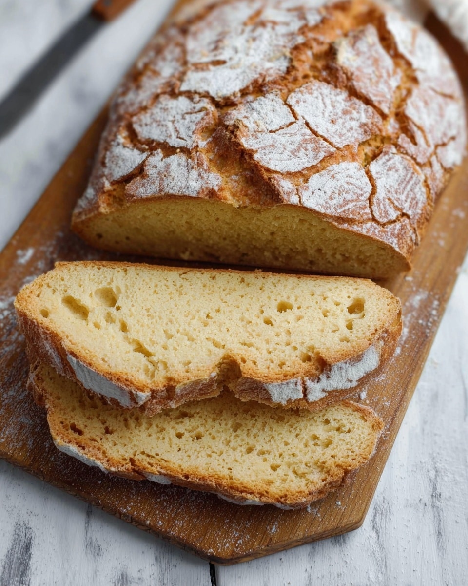 A loaf of rustic bread is shown on a wooden cutting board placed on a white marbled surface. The bread has a cracked, golden-brown crust with a dusting of white flour on top. Three slices are cut from the loaf and lay fanned out in front, showing a soft, pale yellow inside with small air holes and a darker crust around the edges. The texture looks slightly dense but fluffy. The knife used for cutting is seen at the top edge of the image, resting on the board. photo taken with an iphone --ar 4:5 --v 7