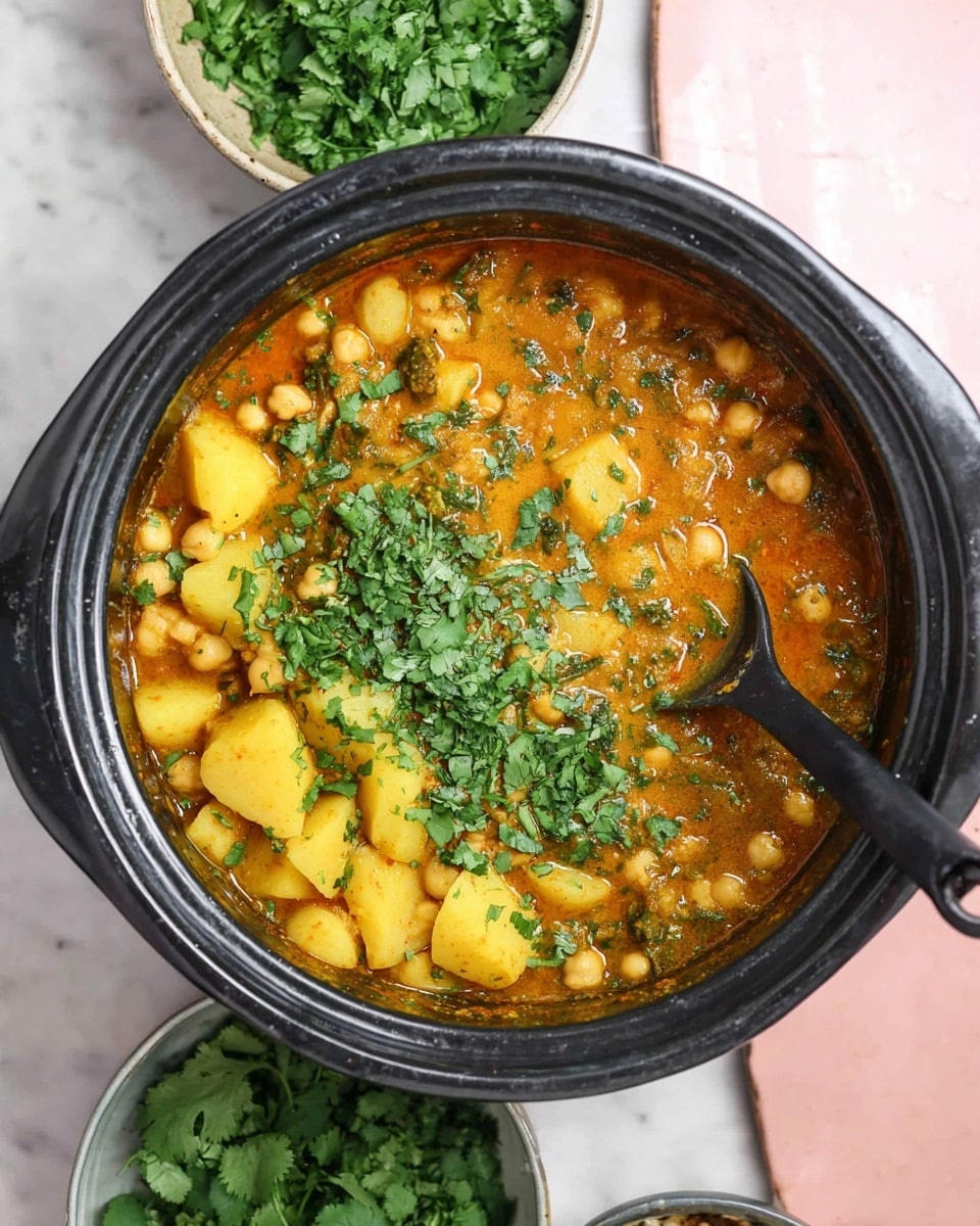 A black cooking pot filled with a thick stew that has three layers: a base layer of yellow potatoes and chickpeas, a middle layer of rich orange curry sauce with herbs and spices, and a top layer sprinkled with chopped bright green fresh cilantro leaves. A black ladle stands inside the pot. Around the pot are bowls of fresh cilantro placed on a white marbled surface. photo taken with an iphone --ar 4:5 --v 7