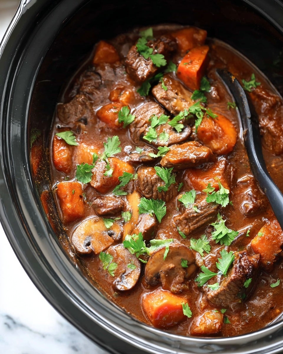 The image shows two white bowls filled with a hearty dish, each bowl with two main layers. The bottom layer is a smooth, fluffy mashed potato that is white and creamy, covering about half the bowl. On top and beside the mashed potatoes is a thick, rich beef stew with chunks of tender brown beef, orange carrots, and a glossy, dark brown sauce. Bits of green garnish are sprinkled lightly on top, adding small bright green touches. The bowls are placed on a white marbled surface, and a black slow cooker is visible in the background. Photo taken with an iphone --ar 4:5 --v 7