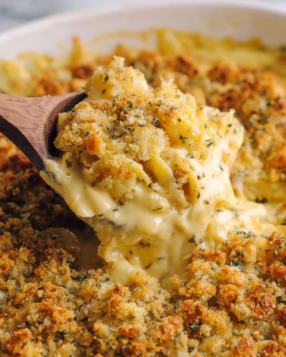 A rectangular white ceramic baking dish holds a baked casserole with a golden brown top layer made of breadcrumbs and herbs, which looks crispy and uneven in texture. Below the crunchy top, a creamy, melted cheese layer peeks through, creating patches of smooth yellow color. The edges of the dish show bubbling and slightly browned cheese that has spilled over. The casserole is placed on a white marbled surface with a white and gray striped cloth partially visible underneath one side. photo taken with an iphone --ar 4:5 --v 7