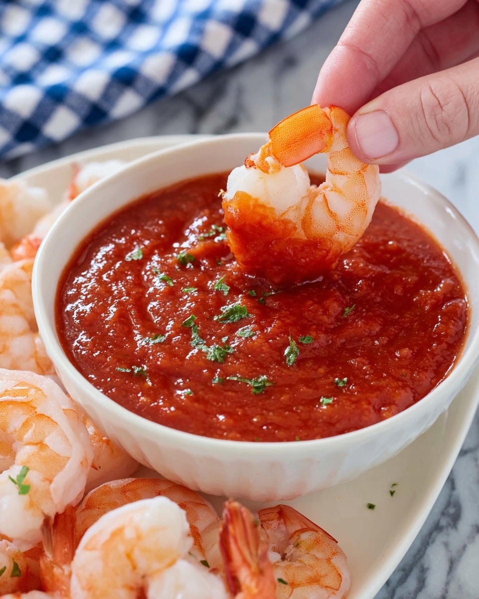 A close-up image shows a white bowl filled with thick, bright red cocktail sauce, garnished with small green herb bits on top. Surrounding the bowl are several light pink shrimp with translucent textures and orange tails, one of which is being dipped into the sauce by a woman's hand holding the shrimp by its tail. The bowl sits on a white platter with more shrimp around it, all placed on a white marbled surface with a blue and white checkered cloth partially visible in the background. photo taken with an iphone --ar 4:5 --v 7