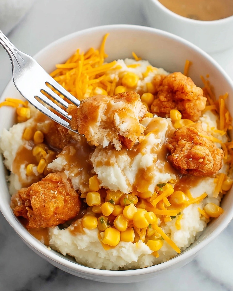 A white bowl filled with three main layers: a bottom layer of soft, creamy mashed potatoes in white color, a middle layer of yellow corn kernels mixed in, and a top layer of golden brown crispy fried chicken nuggets, some drizzled with light brown gravy. Bright orange shredded cheddar cheese is sprinkled on top and among the chicken pieces. A fork is holding a bite with mashed potatoes, corn, cheese, and a piece of fried chicken, showing the mix of textures and colors. The bowl is placed on a white marbled surface. photo taken with an iphone --ar 4:5 --v 7