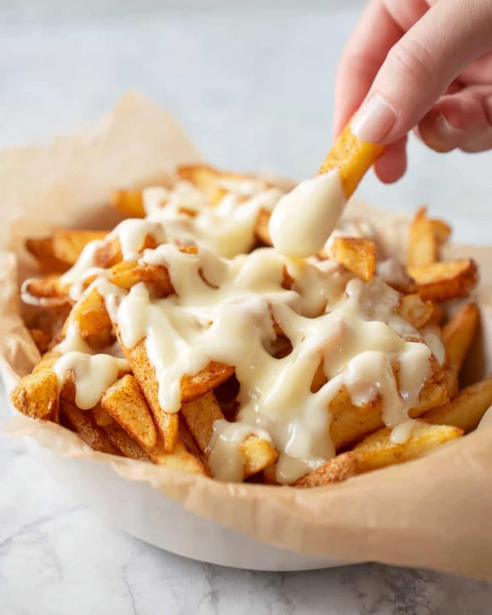 A white bowl lined with light brown parchment paper holds a pile of golden-brown seasoned fries covered generously with thick, creamy white cheese sauce, creating a rich and smooth texture over the crispy fries. A woman's hand is seen dipping one fry into the sauce, adding a dynamic and inviting touch to the scene. The background is a white marbled surface, enhancing the dish's warm and appetizing colors. photo taken with an iphone --ar 4:5 --v 7