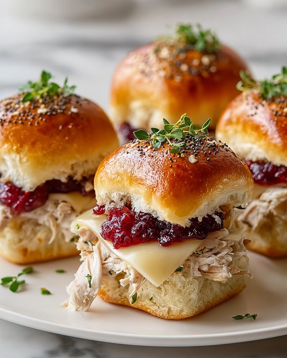 The image shows a close-up of several mini sandwiches arranged on a white plate placed on a white marbled surface. Each sandwich has three visible layers: a soft, fluffy bottom bun with a light golden-brown color; a middle layer of shredded roasted chicken topped with a slice of melty white cheese; and a top layer of a golden-brown bun with a shiny, glazed texture, sprinkled with black and white seeds and small green herbs. On the cheese, there is a thick spread of deep red cranberry sauce. Fresh green herbs are scattered around the plate and on top of each bun, adding a fresh touch. The background is softly blurred, focusing attention on the front sandwich. photo taken with an iphone --ar 4:5 --v 7