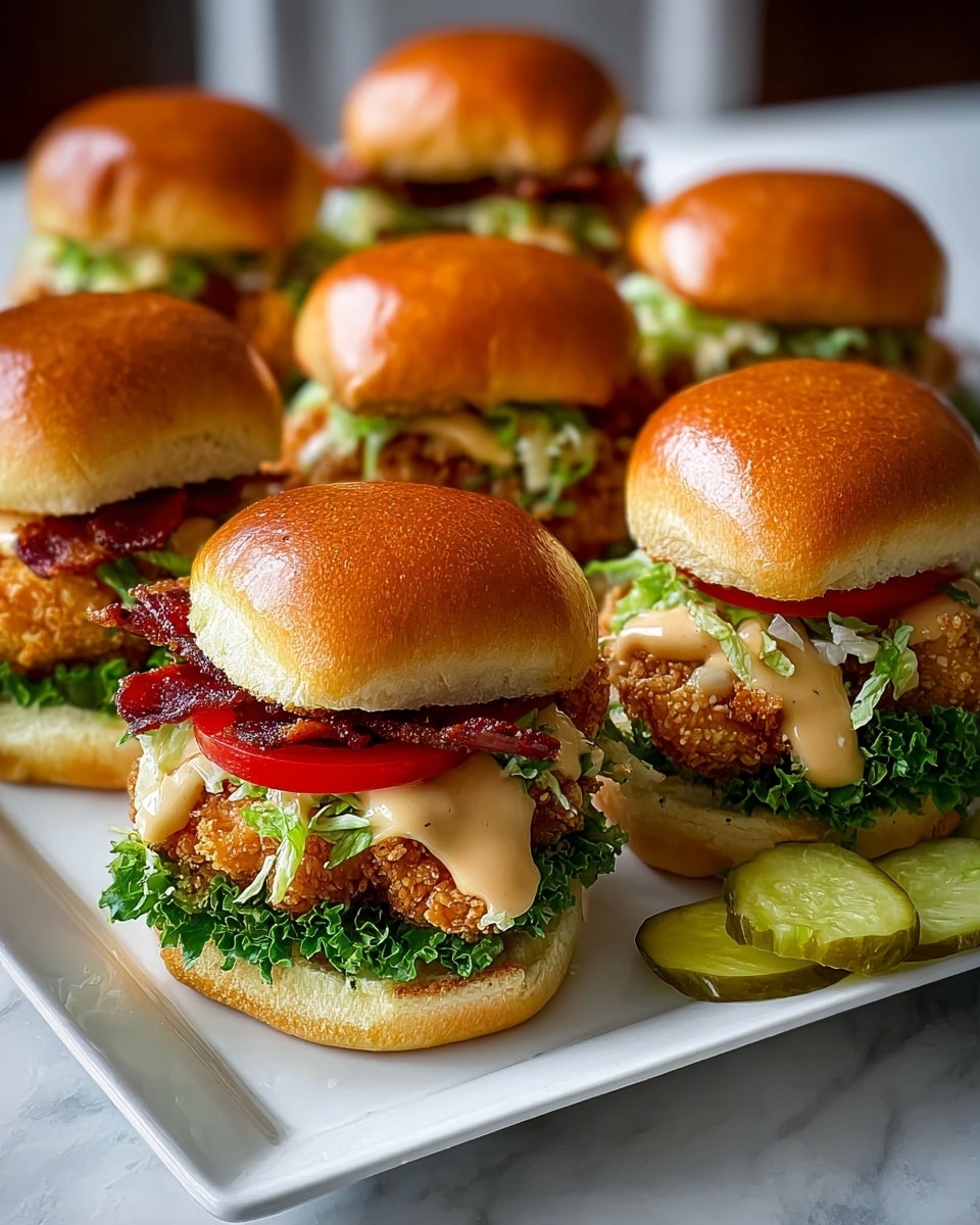 The image shows a platter of six crispy chicken sandwiches arranged neatly on a white plate placed on a white marbled texture. Each sandwich has a soft, shiny golden-brown bun on top and bottom. The bottom bun holds bright green curly lettuce, followed by a golden crunchy fried chicken fillet dripping with creamy beige sauce. On top of the chicken, there is a fresh red tomato slice topped with dark crispy bacon pieces and some shredded light green lettuce, all covered with the top bun. On the side of the plate, there are a few pickle slices. The photo taken with an iphone --ar 4:5 --v 7