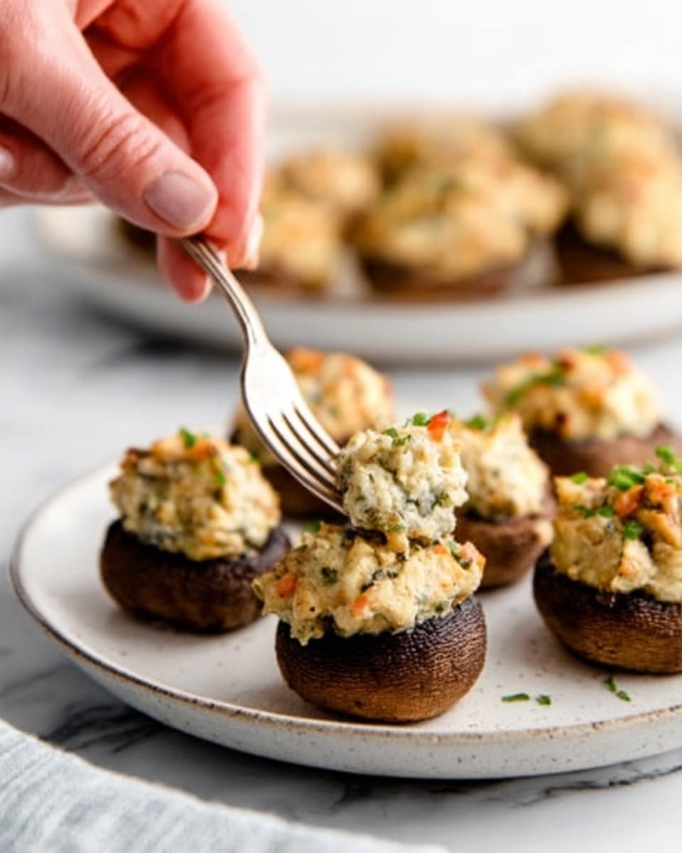 The image shows six stuffed mushrooms arranged on a round white plate placed on a white marbled surface. Each mushroom features a dark brown cap as the base layer, topped with a creamy, slightly browned mixture that is light beige with specks of green herbs and small bits of orange, giving it a textured and inviting look. A woman's hand holding a fork is lifting one of the mushrooms, with the fork stuck into the soft mixture, showing the filling's dense and chunky texture. The background is softly blurred with another plate of stuffed mushrooms visible but out of focus, drawing attention to the mushrooms in the foreground. Photo taken with an iphone --ar 4:5 --v 7