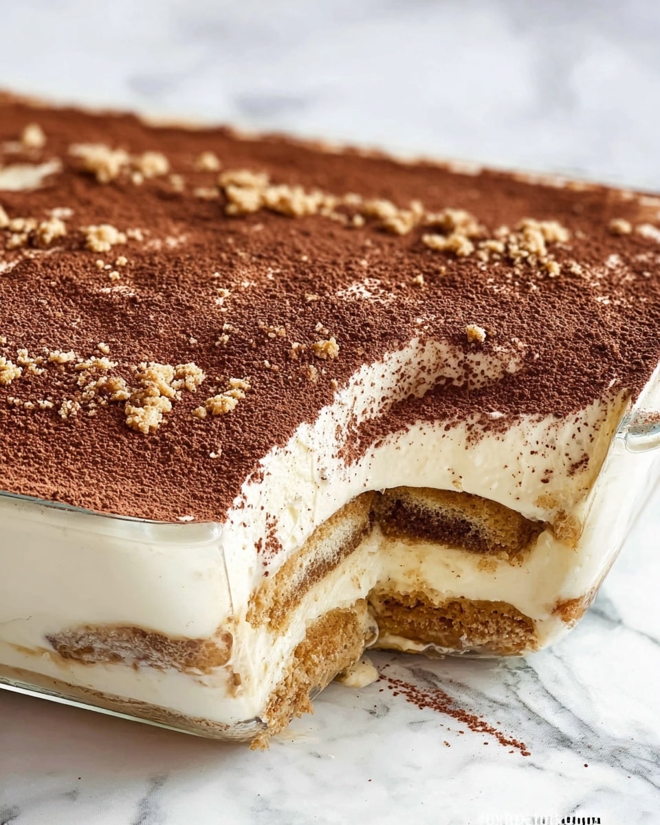 A close-up of a rectangular glass dish filled with a layered dessert. The top layer is dusted with a thick coat of dark brown cocoa powder mixed with small, light brown crumbly bits. Below the cocoa powder is a thick, creamy white layer that looks smooth and soft. Underneath the cream is a light brown layer with a slightly wet texture, likely soaked cake or biscuits. This pattern of creamy white and soaked light brown layers repeats at least once more, showing a total of three visible layers in the cross-section where a portion has been removed. The dish sits on a white marbled surface, adding to the clean and simple look. photo taken with an iphone --ar 4:5 --v 7
