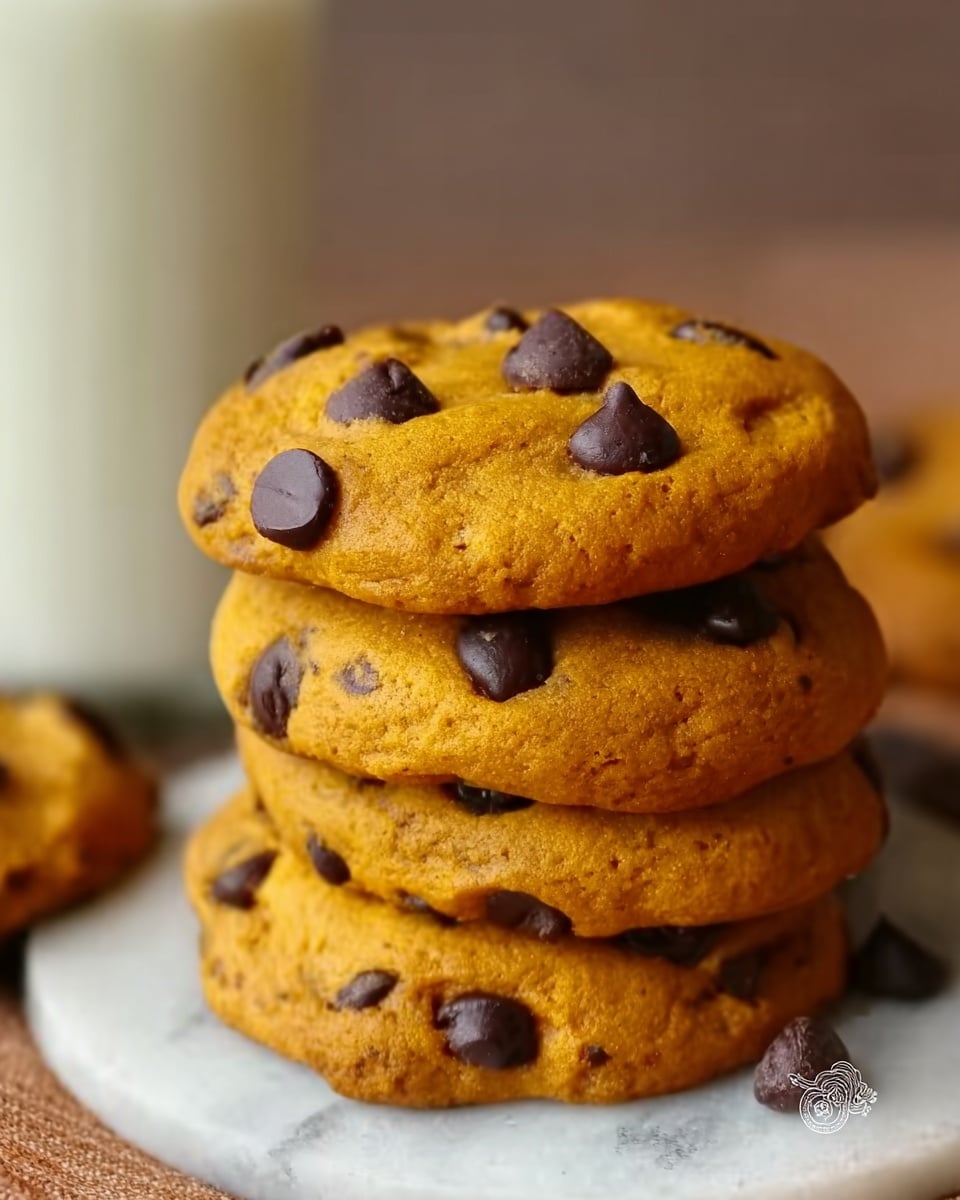 The image shows a stack of three soft chocolate chip cookies placed on a white marbled surface. The cookies are thick and golden brown with visible melted chocolate chips scattered across the top and within the layers. The texture looks chewy with slight cracks on the surface. In the background, a glass of milk and a striped paper straw lie on the white marbled surface, adding a cozy and inviting feel to the scene. The photo is close up, focusing on the detailed texture of the cookies. Photo taken with an iphone --ar 4:5 --v 7