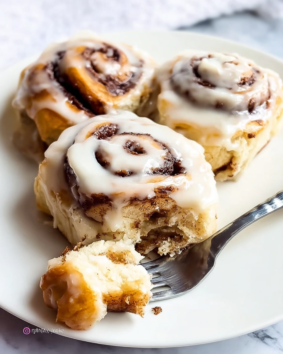 Three cinnamon rolls covered in thick white icing sit on a white plate with a white marbled texture surface below. The cinnamon rolls have visible spiral layers, each with a golden-brown baked dough and a dark brown cinnamon swirl inside. One cinnamon roll is partly eaten with soft, fluffy inside exposed, and a silver fork rests on the plate near it. The icing looks creamy and slightly melted, unevenly spread on top and dripping down the sides. photo taken with an iphone --ar 4:5 --v 7