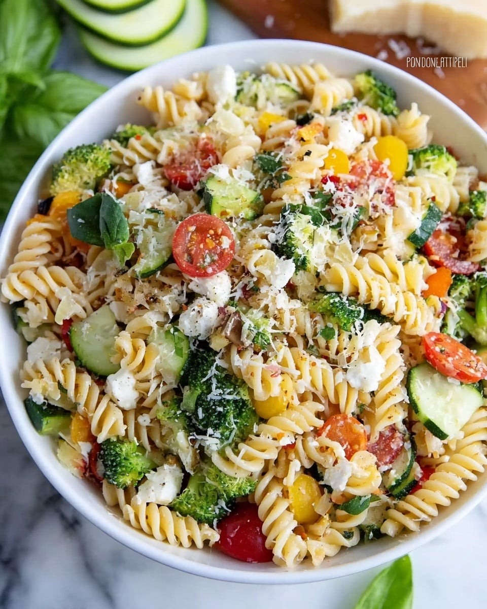 A large white bowl filled with rotini pasta salad, showing three main layers: the pasta spirals which are pale yellow and soft, mixed with colorful layers of fresh vegetables including bright green broccoli florets, dark green basil leaves, sliced light green cucumbers, small red cherry tomato halves, and finely chopped yellow bell peppers. Scattered throughout are small white cheese balls or cubes, and the top is lightly sprinkled with grated white cheese adding a delicate texture. The background is a white marbled surface with blurred hints of fresh cucumber slices and a block of grated cheese. Photo taken with an iphone --ar 4:5 --v 7