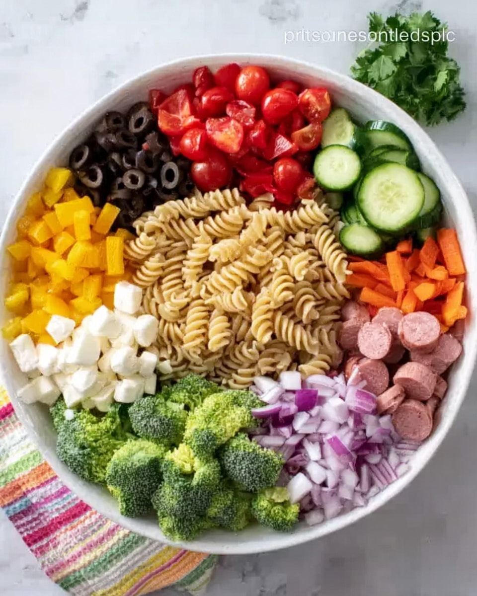 A white bowl full of pasta salad is placed on a white marbled surface. Inside the bowl, there is a center layer of light brown rotini pasta. Around it, arranged in eight separate sections, are fresh and colorful ingredients: bright red chopped tomatoes, dark black olive slices, green cucumber slices, orange chopped bell peppers, yellow chopped bell peppers, small round slices of pink sausage, small white mozzarella balls, chopped red onions, and fresh green broccoli florets filling almost half of the bowl. The ingredients create a vibrant, fresh, and neat look. Photo taken with an iphone --ar 4:5 --v 7
