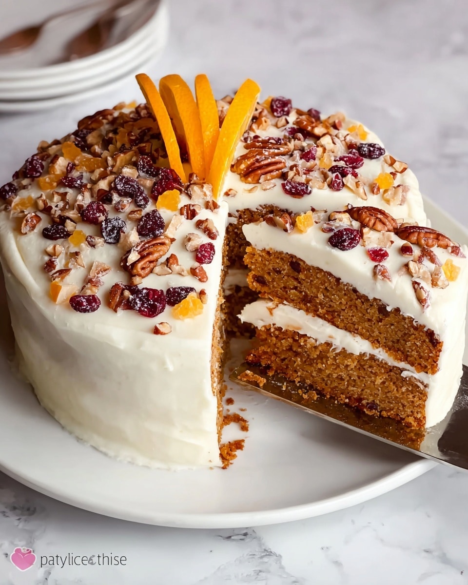 A two-layer cake with light brown sponge separated by a thin layer of white frosting, fully covered in smooth white frosting on the outside. The top is decorated with a mix of dried cranberry pieces, small orange candied fruit chunks, and pecan nuts scattered evenly, with a twisted strip of bright orange peel standing upright in the center. The cake sits on a white plate on a white marbled surface, with a silver cake server holding a slice to the side. photo taken with an iphone --ar 4:5 --v 7