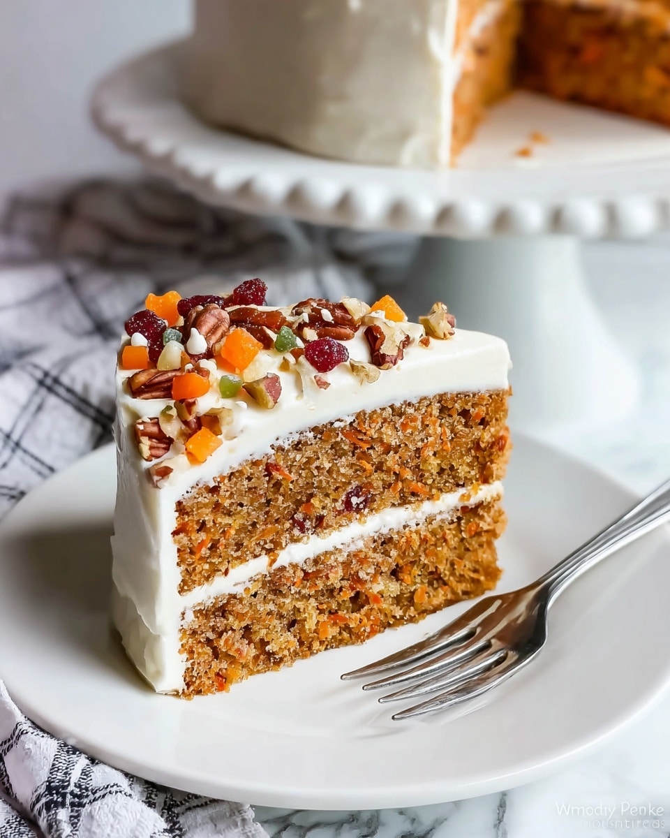 A slice of two-layer carrot cake sits on a white plate with a silver fork to the right. Each cake layer is light brown with a moist, slightly textured crumb, separated and covered by thick, smooth white frosting. The top layer of frosting is decorated with chopped pecans and colorful pieces of candied fruit, adding texture and pops of orange, red, and white. The plate rests on a white marbled surface with a white cake stand and a checkered cloth blurred in the background. Photo taken with an iphone --ar 4:5 --v 7