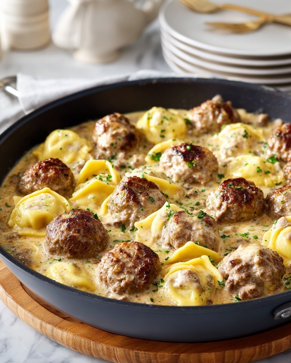 A close-up of a black pan filled with a warm dish showing about two layers: the bottom layer is covered in a thick creamy light brown sauce with bits of browned ground meat mixed throughout, and on top of this sauce are evenly spaced golden brown meatballs, each with a slightly crispy outer texture, interspersed with plump ravioli that are pale yellow and glossy from the sauce. Small green herb pieces are scattered over the entire dish for a fresh touch, and the pan is set on a wooden trivet against a white marbled surface with blurred stacks of white plates and bowls in the background. photo taken with an iphone --ar 4:5 --v 7
