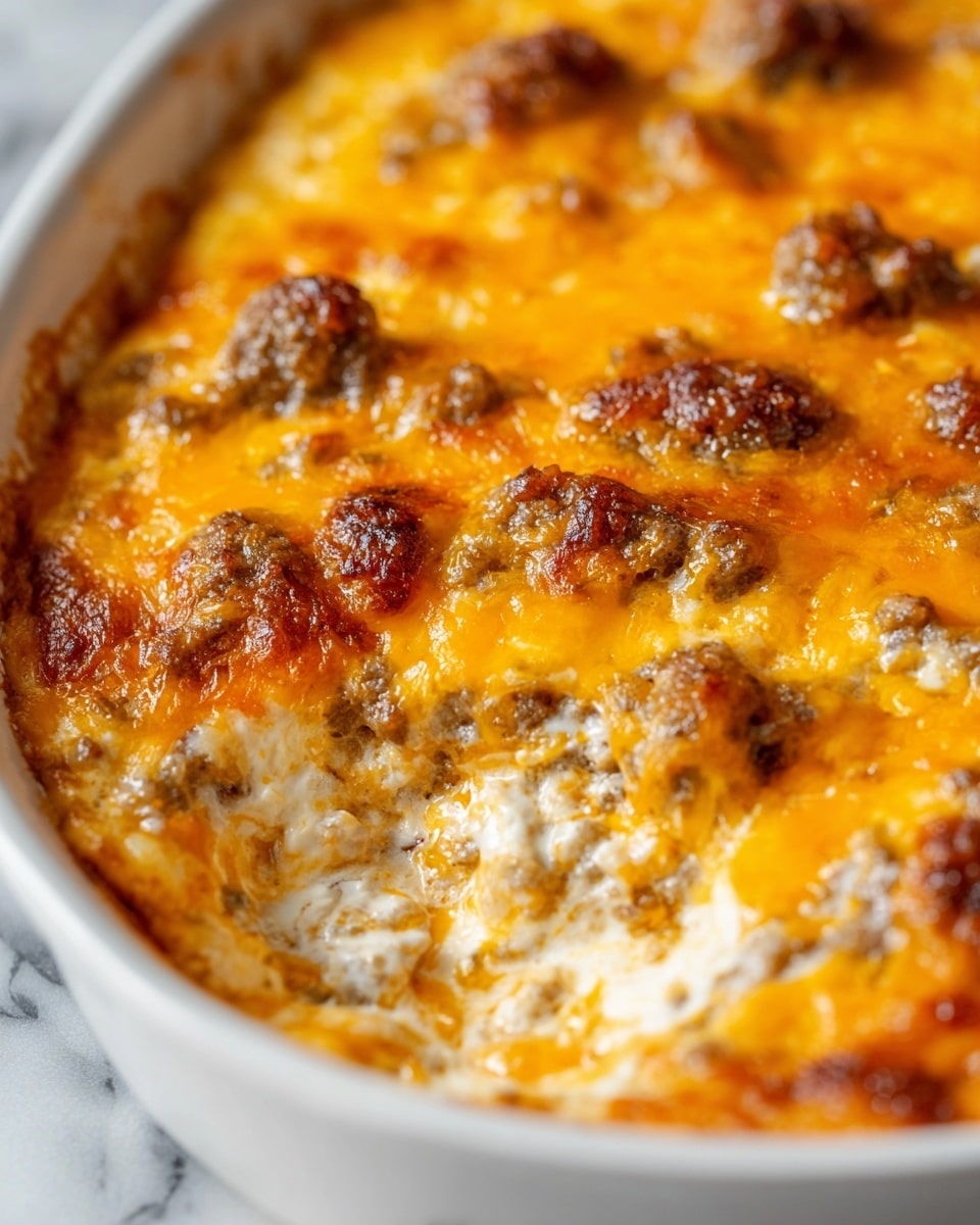 A white round dish filled with a rich baked dip showing a creamy, light beige base mixed with browned, crumbly chunks of sausage, topped with a golden-brown, melted cheese layer that has darker toasted spots and little green herb sprinkles. A silver spoon lifts a scoop of the dip, revealing gooey cheese strings stretching from the dish, and the mixture’s creamy texture beneath the browned cheese crust. The scene is set on a white marbled surface with blurred crackers in the background photo taken with an iphone --ar 4:5 --v 7