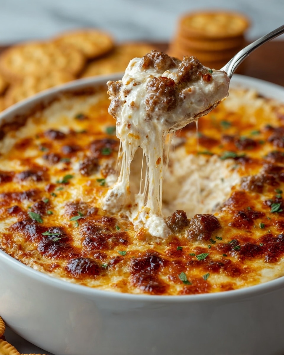 The dish is a close-up view of a cheesy casserole in a white oval baking dish set on a white marbled surface. The top layer is golden orange melted cheddar cheese with crispy browned spots, covering several irregularly shaped brown sausage pieces that peek through. Below the cheese and sausage, there is a creamy white layer that looks soft and mixed with bits of sausage, creating a rich, gooey texture. The layers blend together with a mix of smooth melted cheese, browned sausage chunks, and creamy white filling in a slightly uneven but appetizing surface. Photo taken with an iphone --ar 4:5 --v 7