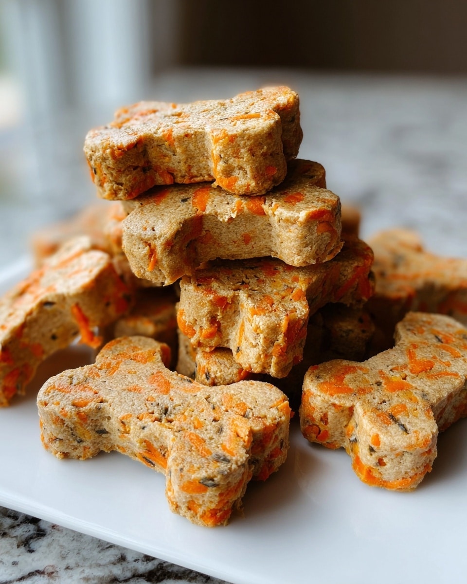 A pile of bone-shaped treats sits on a white plate, each treat about two layers thick with a rough texture. The base color is light beige, speckled with small orange bits mixed evenly throughout, giving a rustic, homemade feel. The edges are slightly rounded, and the surface shows a coarse grain that suggests a crunchy bite. The plate is placed on a white marbled textured surface near a window with soft natural light shining on the treats. Photo taken with an iphone --ar 4:5 --v 7