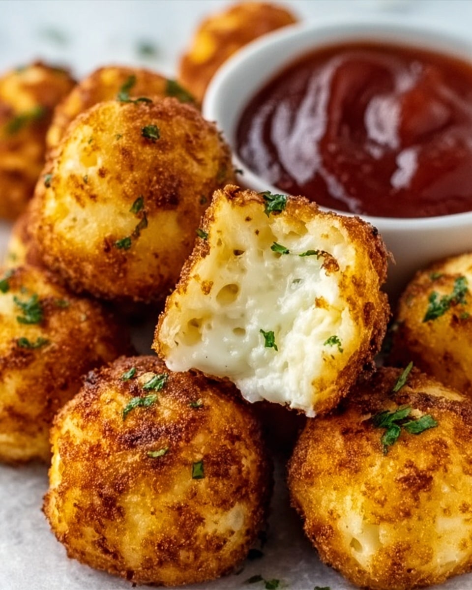 The image shows a close-up of several golden-brown fried cheese balls, each with a crispy outside texture and some with small bits of green herbs on top. One cheese ball is cut open, showing a creamy white filling inside. The cheese balls are placed closely together, with a white small bowl of red dipping sauce beside them. The background surface is a white marbled texture. photo taken with an iphone --ar 4:5 --v 7
