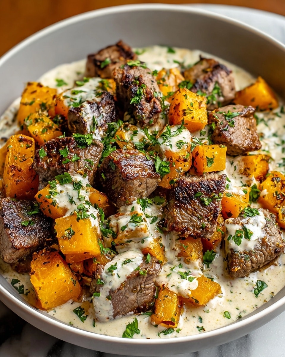 In a white bowl, there are two main layers: the first layer is golden-brown roasted cubes of butternut squash with a few green herb sprinkles, and the second layer is browned, grilled beef cubes placed on top and mixed with the squash. Both layers are covered with a creamy white sauce sprinkled with finely chopped green herbs, creating a rich and colorful contrast. The dish looks warm and hearty with a mix of soft and crispy textures, set on a white marbled surface. photo taken with an iphone --ar 4:5 --v 7
