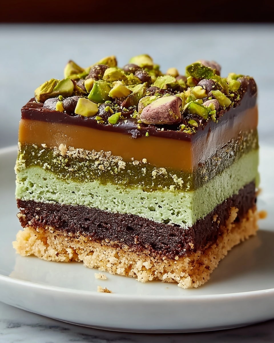 The image shows a close-up of a layered dessert bar with five distinct layers on a white plate set on a white marbled surface. The bottom layer is a crumbly, golden-brown crust, followed by a thick, textured green layer. Above that is a dark, dense chocolate layer, topped by a thinner, light green crumbly layer. The next layer is a smooth, caramel-colored topping, finished with a shiny chocolate glaze covered with dark chocolate chips and chopped green pistachios. Photo taken with an iphone --ar 4:5 --v 7