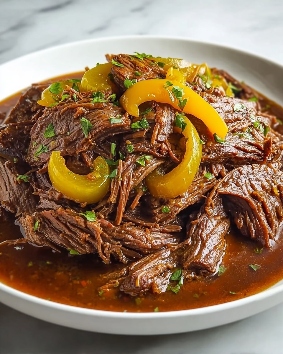 The dish shows a large pile of tender, shredded brown beef sitting in a rich, dark brown sauce on a white plate. On top and mixed through the beef are slices of soft yellow bell peppers, adding a splash of bright color. Small bits of green herbs are scattered over the meat, giving a fresh look. The sauce looks smooth and glossy, covering the bottom of the plate and some parts of the beef. The texture of the meat looks juicy and well-cooked, pulling apart easily into strands. The photo is set on a white marbled surface. Photo taken with an iphone --ar 4:5 --v 7