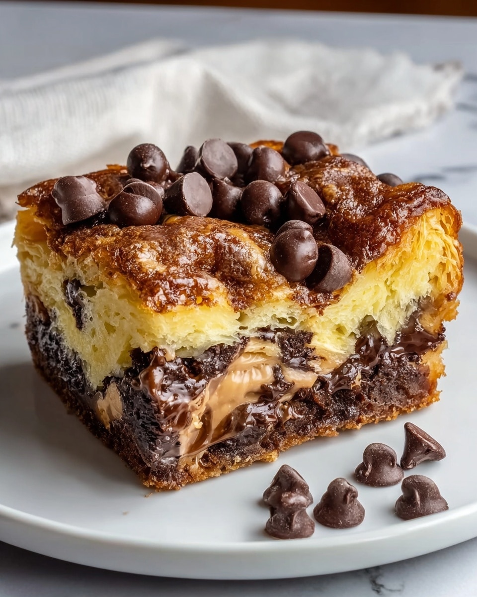 A thick square piece of pastry is shown on a white plate, with a crispy golden brown crust on top. The pastry has visible layers, with a light yellow, flaky interior. Within the middle layer, there is a rich, gooey chocolate sauce mixed with chunks and chips of dark chocolate. The top is sprinkled with whole and broken dark chocolate chips, adding a textured look. The base of the square has a darker, slightly crumbly layer that looks like a chocolate crust. The background includes a soft white cloth, and the surface underneath the plate is a white marbled texture. photo taken with an iphone --ar 4:5 --v 7