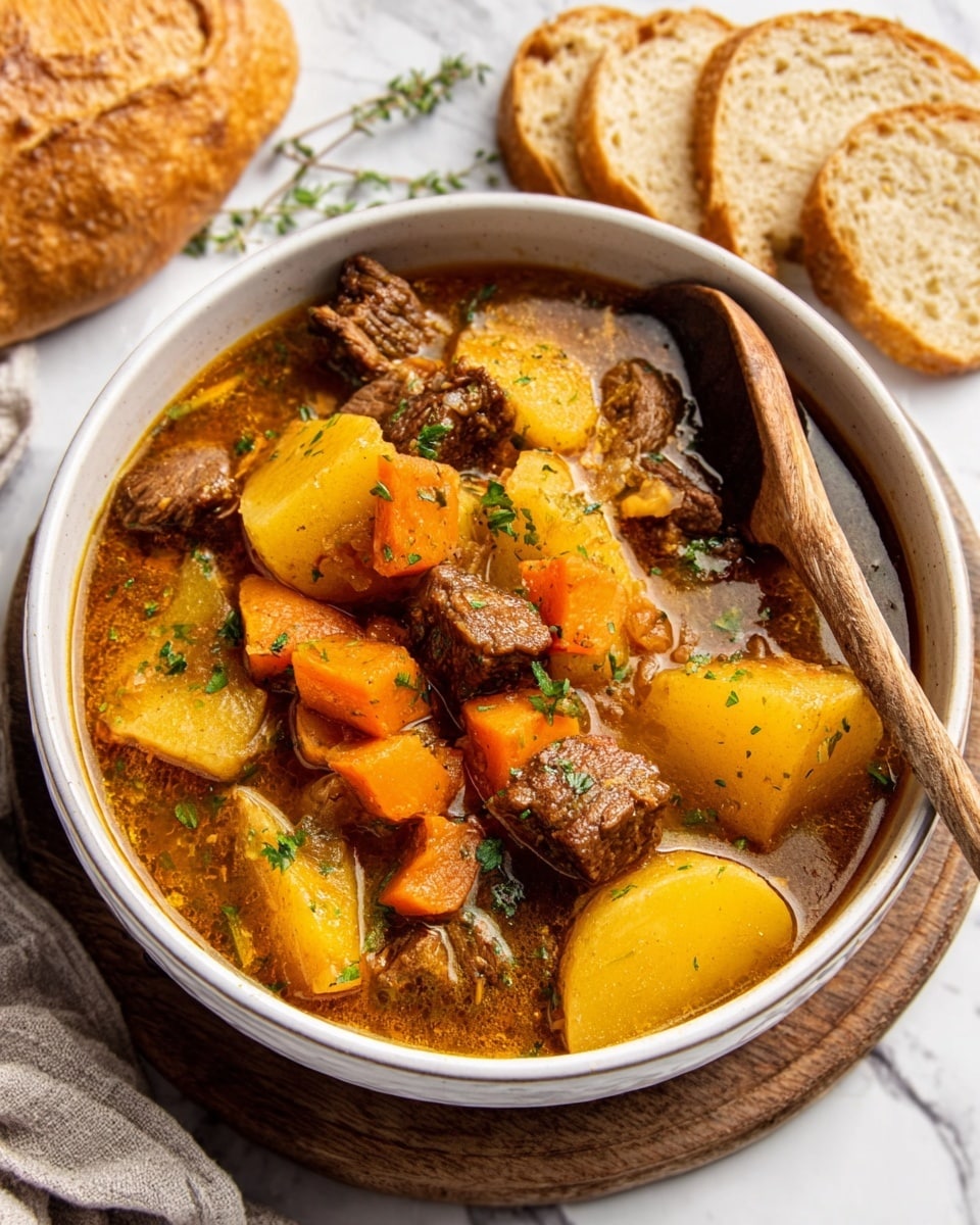 A white bowl filled with a thick, chunky stew made of large soft potato pieces in light yellow, tender orange carrot chunks, and small brown mushroom slices all coated in a rich brown sauce with visible seasoning specks. The stew is garnished with finely chopped fresh green herbs scattered on top. The bowl sits on a gray cloth over a white marbled surface. photo taken with an iphone --ar 4:5 --v 7